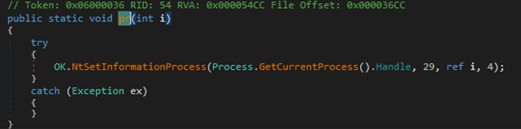 Figure 32 OK.pr() function will set ProcessInformationClass to 29