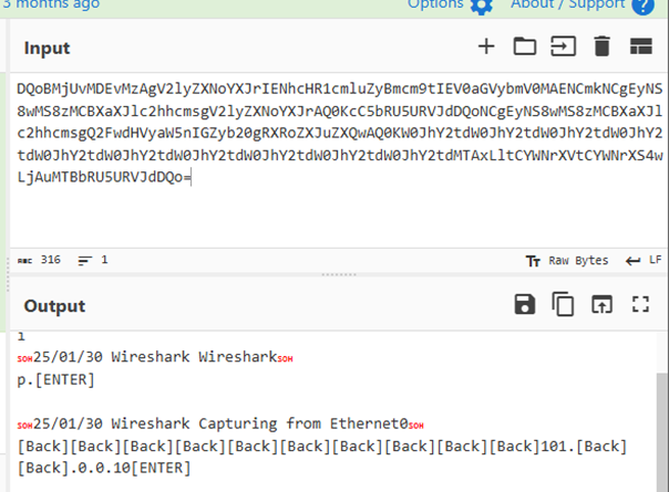 Figure 46 Log sent by victim machine decoded using CyberChef